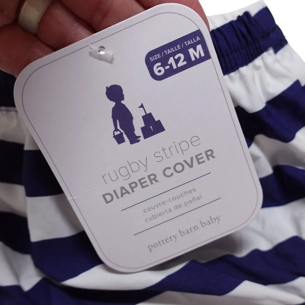 NWT Pottery Barn Kids Diaper Cover 6-12M Blue White Rugby Stripe Water Resistant